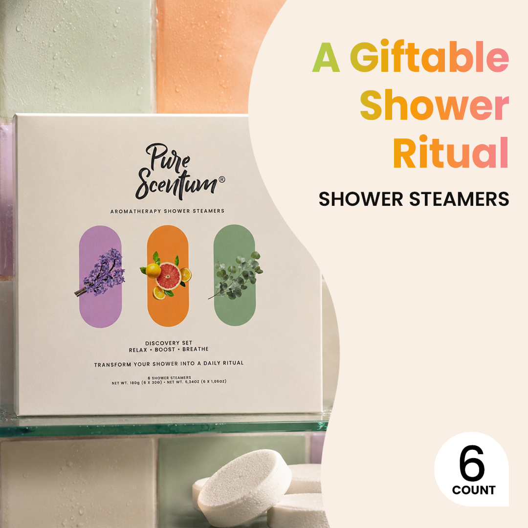 Pure Scentum 6-Piece Aromatherapy Shower Steamer Set – Lavender, Eucalyptus and Mint, Citrus
