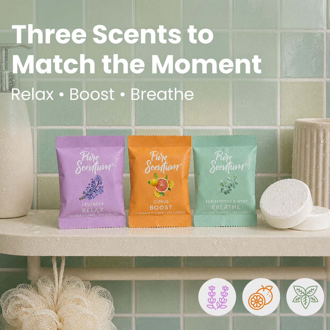 Pure Scentum 6-Piece Aromatherapy Shower Steamer Set – Lavender, Eucalyptus and Mint, Citrus